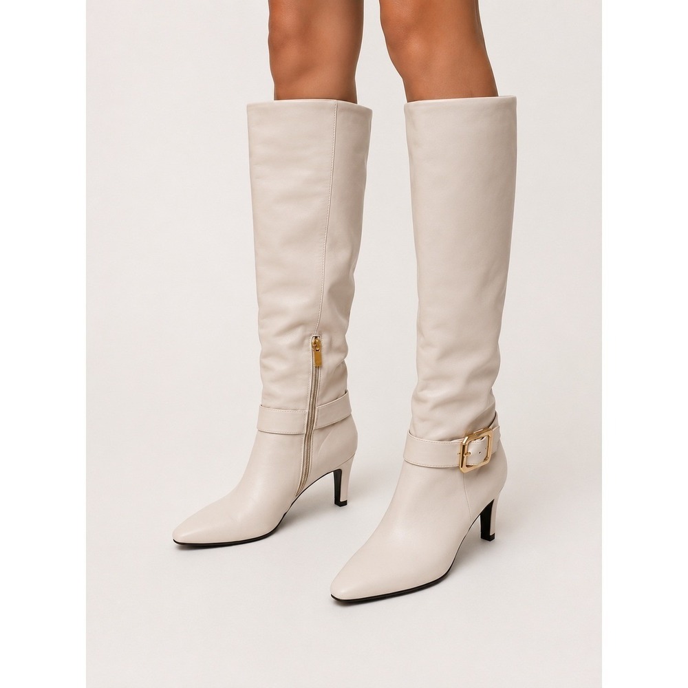 Torgeis Faux Leather Cream White Pointed Toe Buckle Knee High Boots Size 7 US